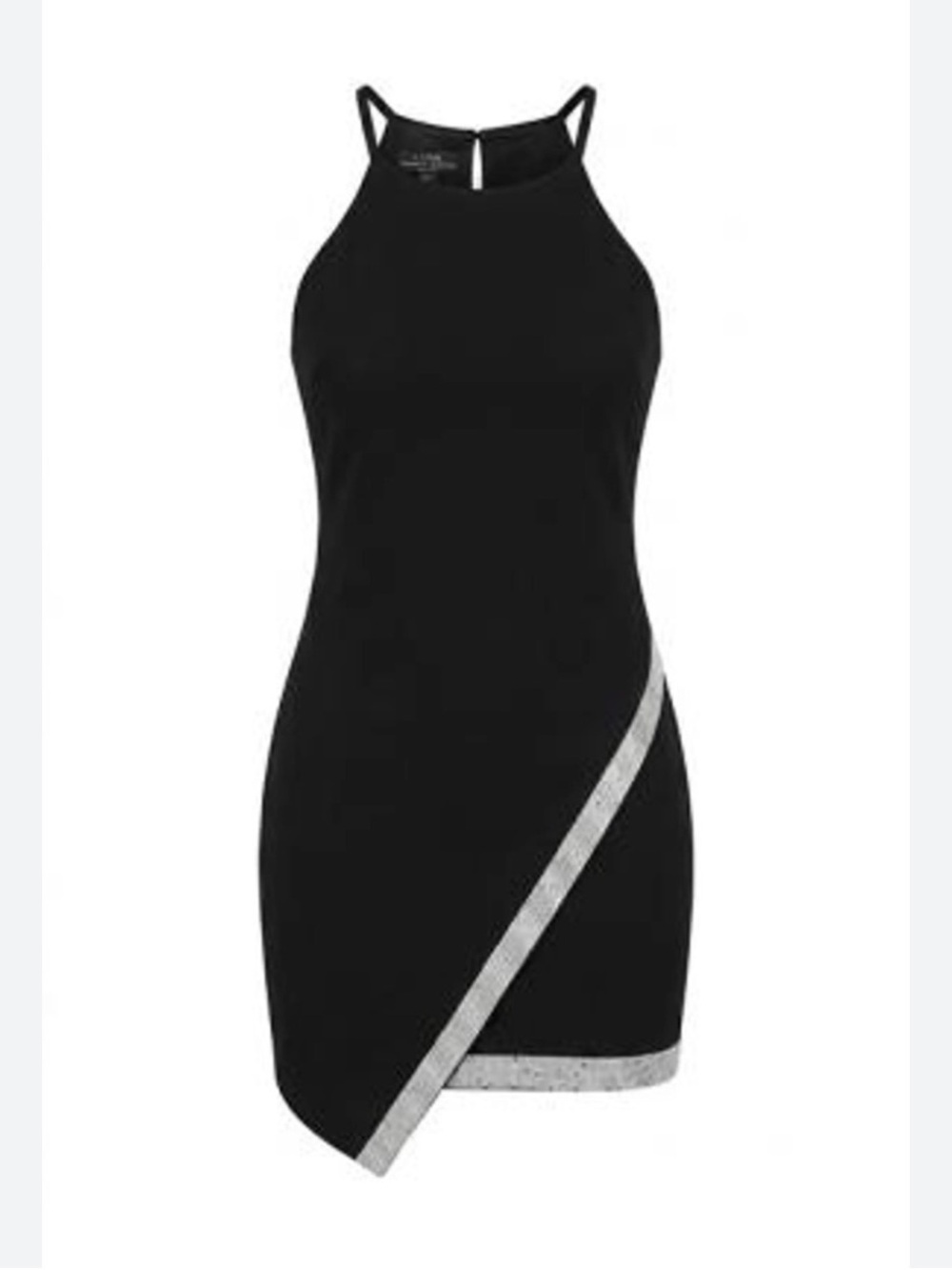 BCX Black Asymmetric Rhinestone Sparkle Trim Halter Mini Dress Sz S